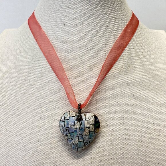 Abalone Mosaic Heart Pendant Necklace Pastel Beachy Coastal Feminine Reversible - Picture 1 of 9